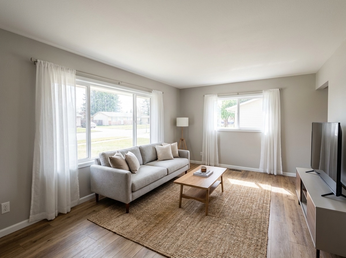 Bright living room with new windows after update