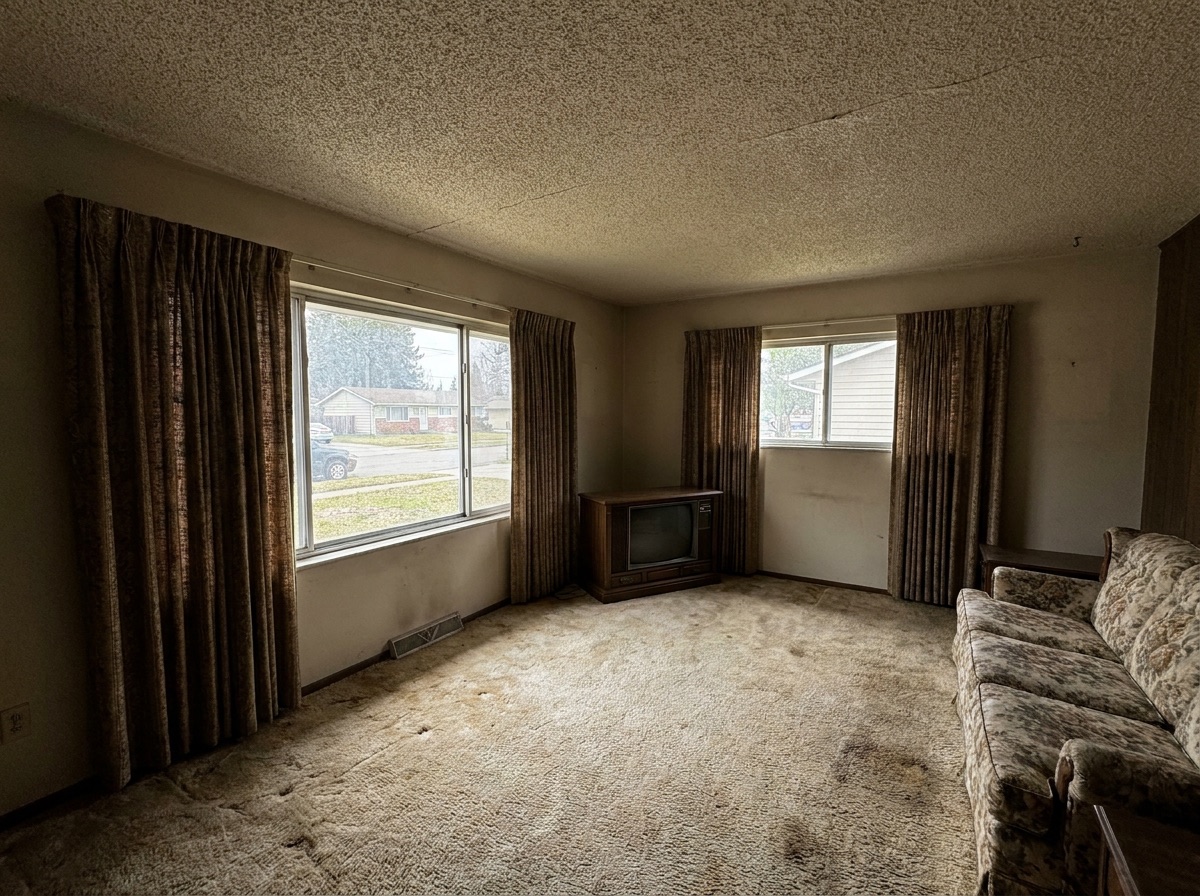 Dated living room with old windows before update