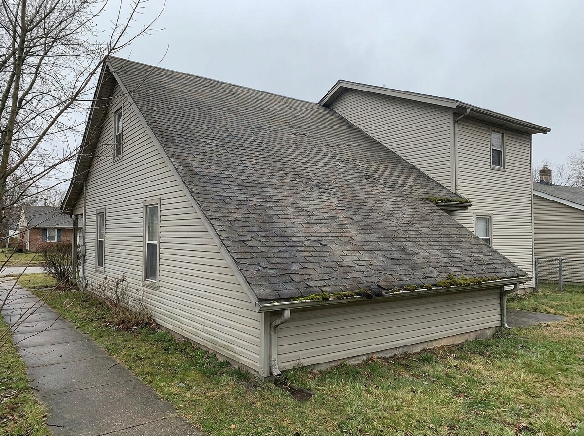 Aging roof with curling shingles before replacement